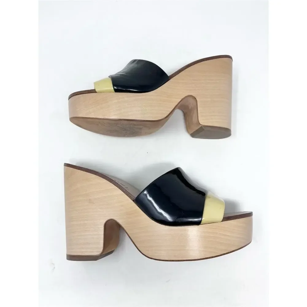 Chanel Two Tone Patent Leather CC Platform Slide Wooden Clog Sandals Size 37.5